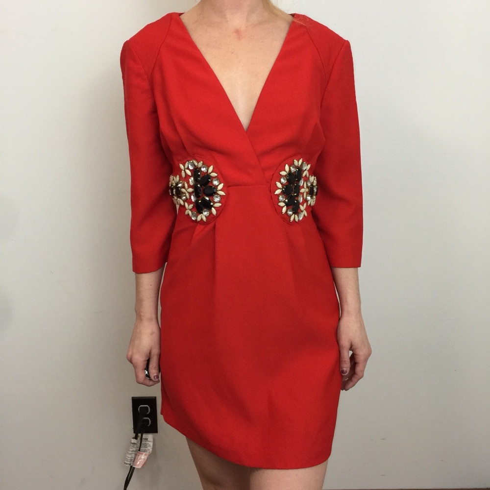 KARTA Red Party Heavy Beaded Gem Mini V-neck Dress - Picture 1 of 8